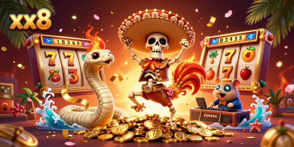 xx8 player wins big with vibrant slot game elements in a lively 3D casino scene.