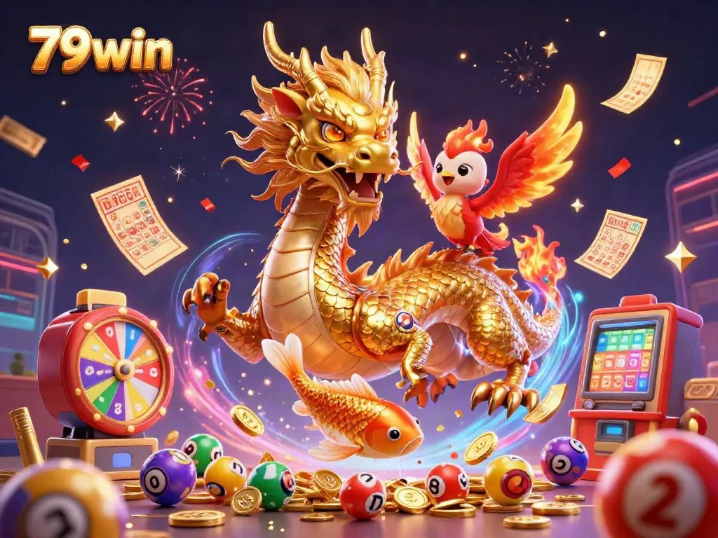 Experience the excitement of 79win with a golden dragon, phoenix, and koi in a dynamic casino scene.