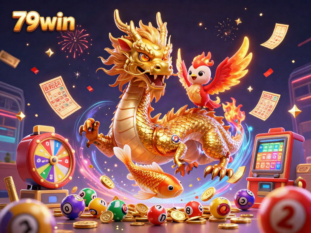 Experience the excitement of 79win with a golden dragon, phoenix, and koi in a dynamic casino scene.