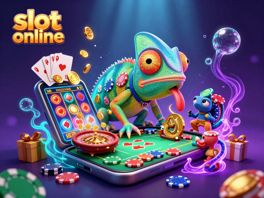 Permainan slot online dengan chameleon kasir di kasino, smartphone dengan permainan berputar dan koin emas.