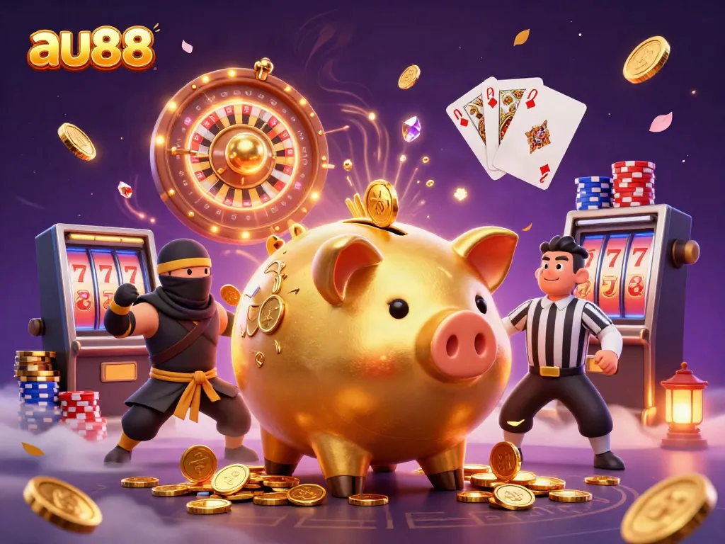 Experience the thrills of au88 with a dynamic scene featuring a golden piggy bank wrestler, a wallet ninja, and a credit card samurai.