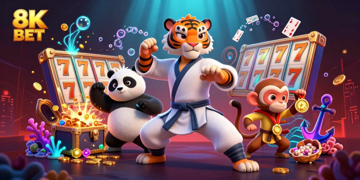 Engage in thrilling slots with 8K BET, featuring a kung fu tiger master and vibrant game elements.