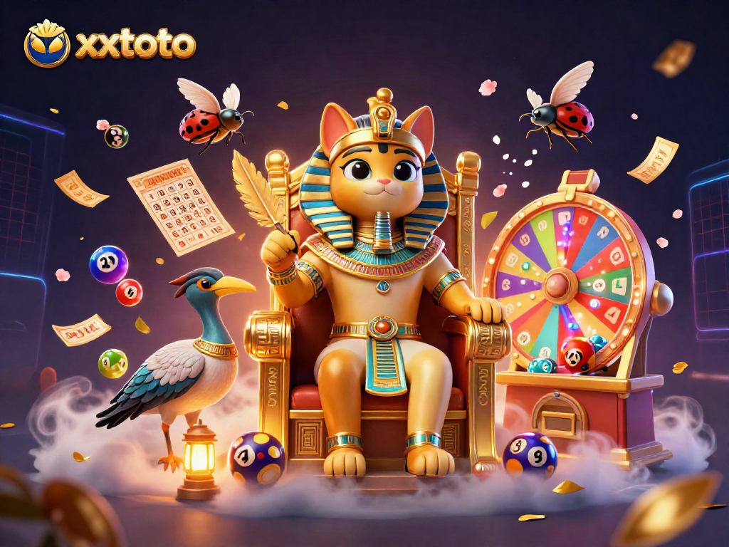 xxtoto mempersembahkan ilustrasi kasino digital yang sarat detail dengan karakter kucing firaun dan elemen permainan seperti bola lotere.