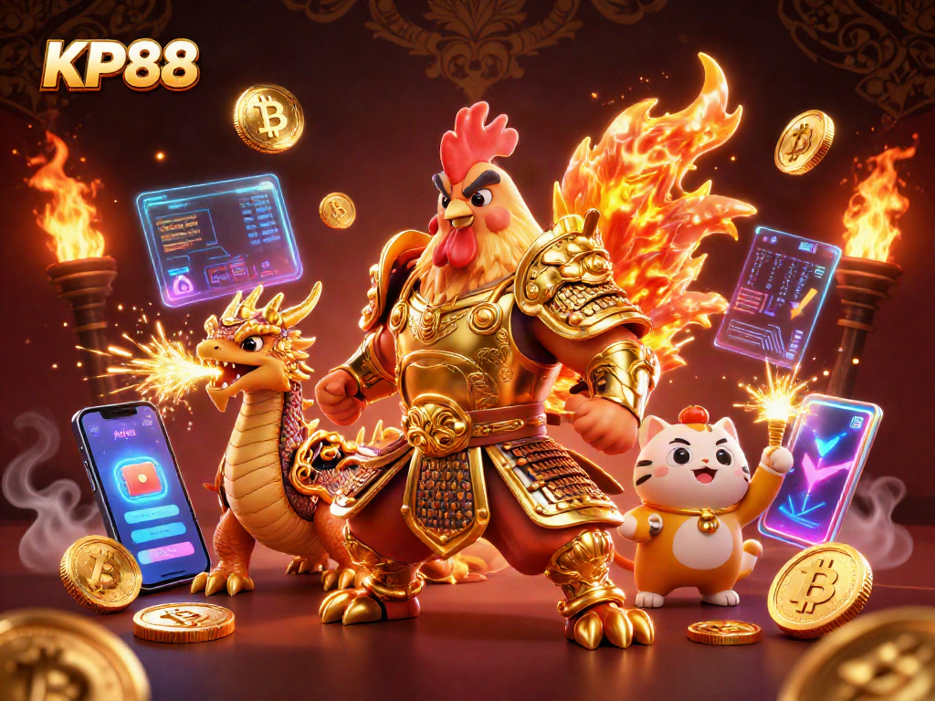 KP88 features a powerful rooster warrior and dragon, symbolizing strength in online gaming.