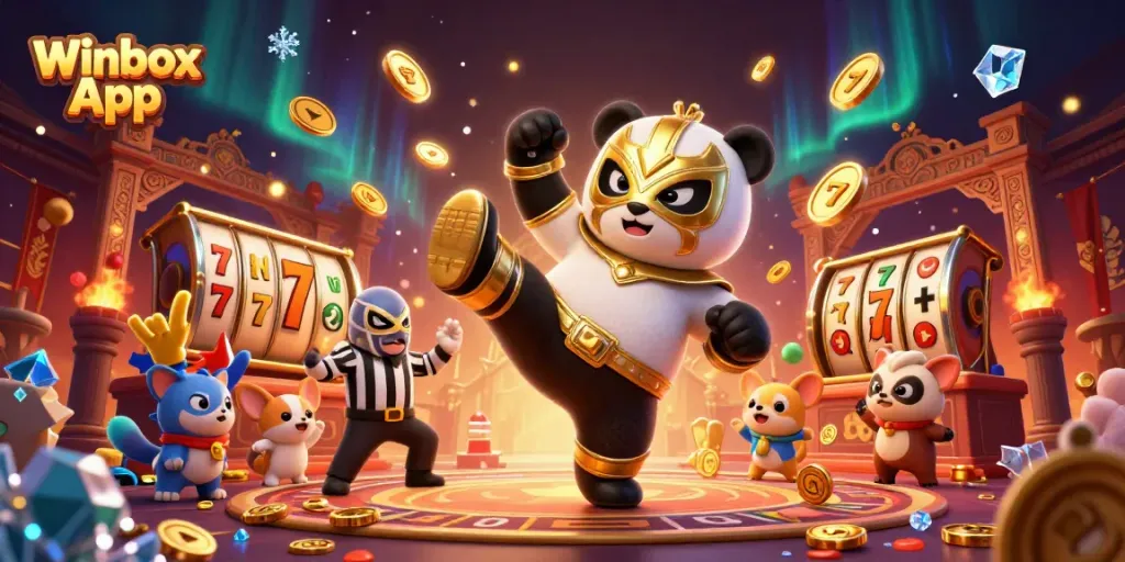 Experience excitement with the Winbox App as a panda wrestler battles in a vibrant casino arena.