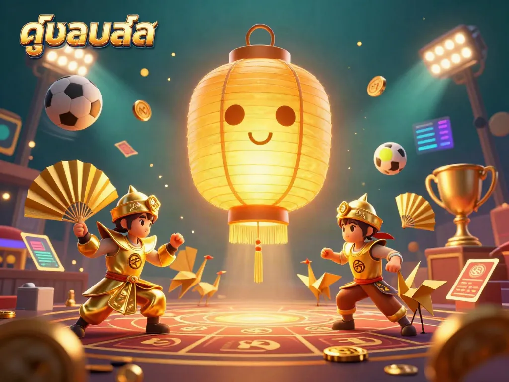 Engage in live sports action with ดูบอลสด, featuring vibrant 3D elements depicting golden lantern spirit and sports betting.