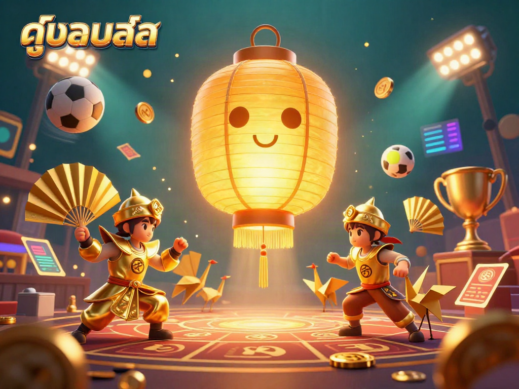 Engage in live sports action with ดูบอลสด, featuring vibrant 3D elements depicting golden lantern spirit and sports betting.