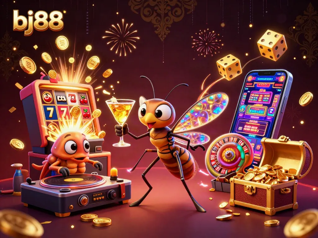 Experience bj88's vibrant casino atmosphere with an animated mosquito mascot and a DJ.