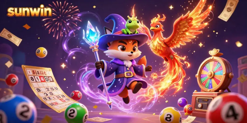 Experience the magical world of sunwin with vibrant lottery elements and enchanting characters in action.