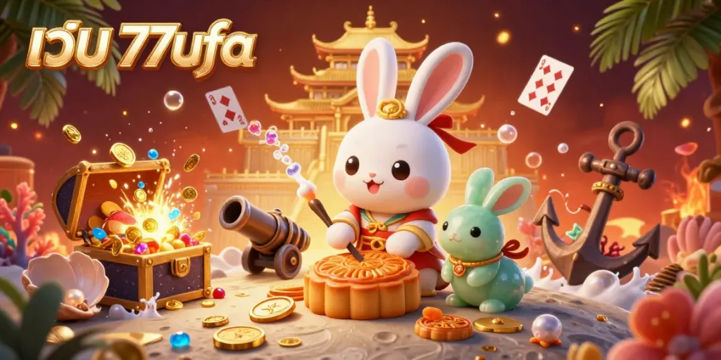 Engage with เว็บ 77ufa in a vibrant moonlit casino scene featuring animated folklore characters and dynamic gambling elements.