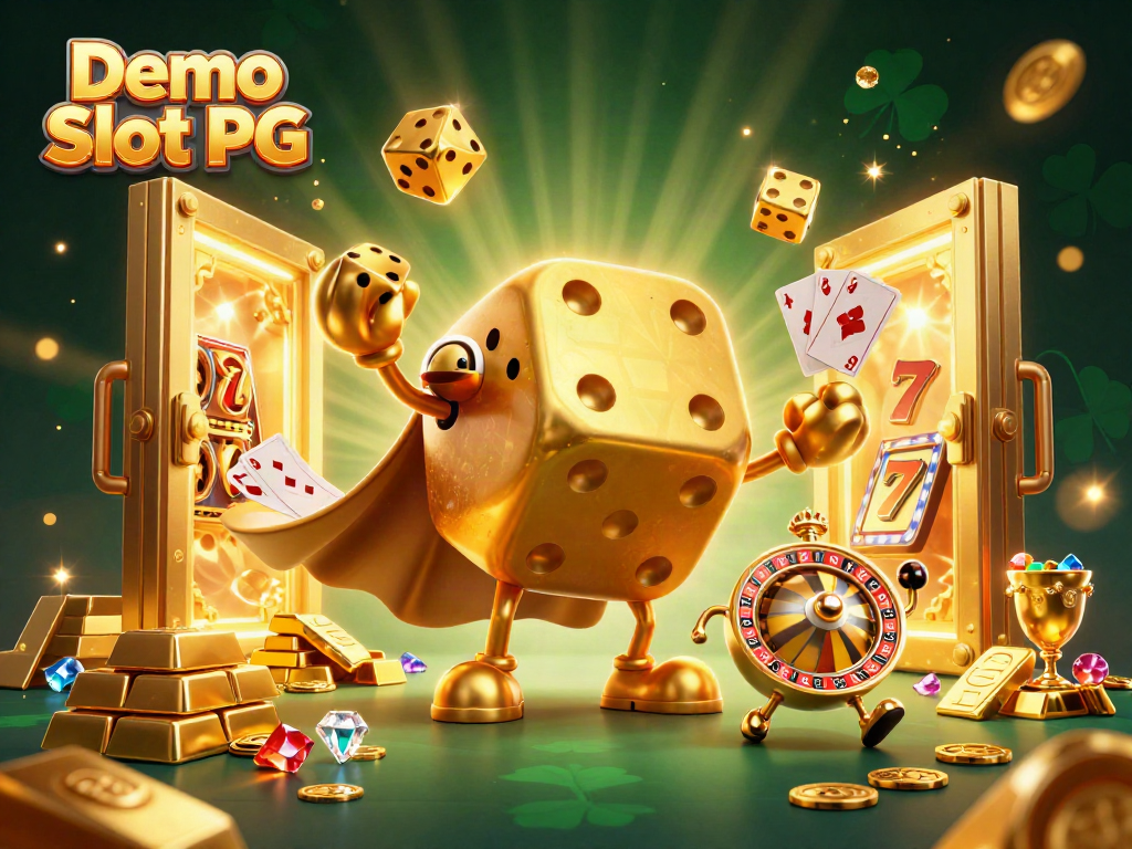 Engage with Demo Slot PG through a vibrant 3D scene featuring golden dice and treasures.