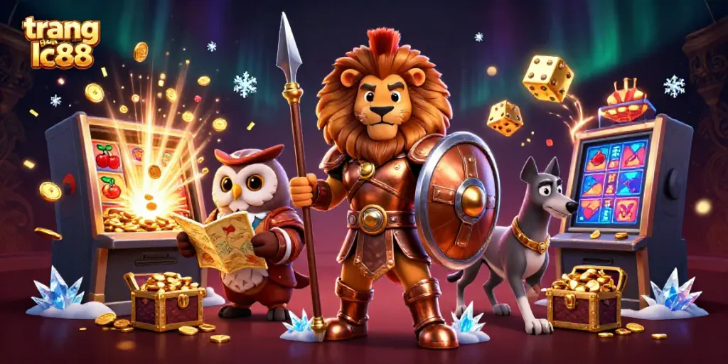 Engage with the thrilling scene at trang game lc88 featuring a Spartan lion, winning slots, and vibrant casino elements.
