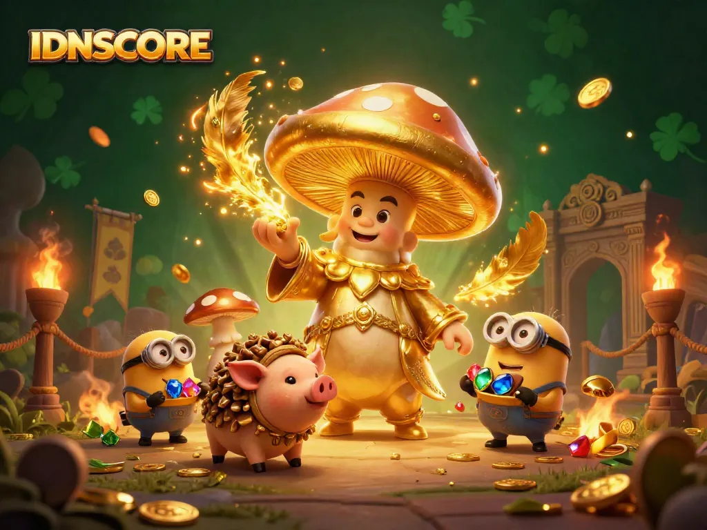 Experience thrilling action with IDNSCORE's enchanting golden wizard and treasure-finding pig in a vibrant casino illustration.
