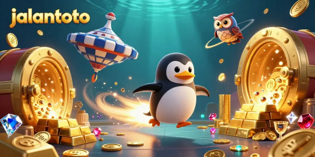 Jalantoto menyajikan ilustrasi kasino yang kaya dengan penguin emas berpadu dengan cahaya gemerlap dan elemen permainan.