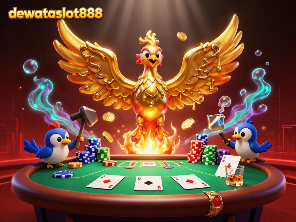 Menangkan permainan kartu remi di dewataslot888 dengan Phoenix emas yang berkilau di atas meja poker.