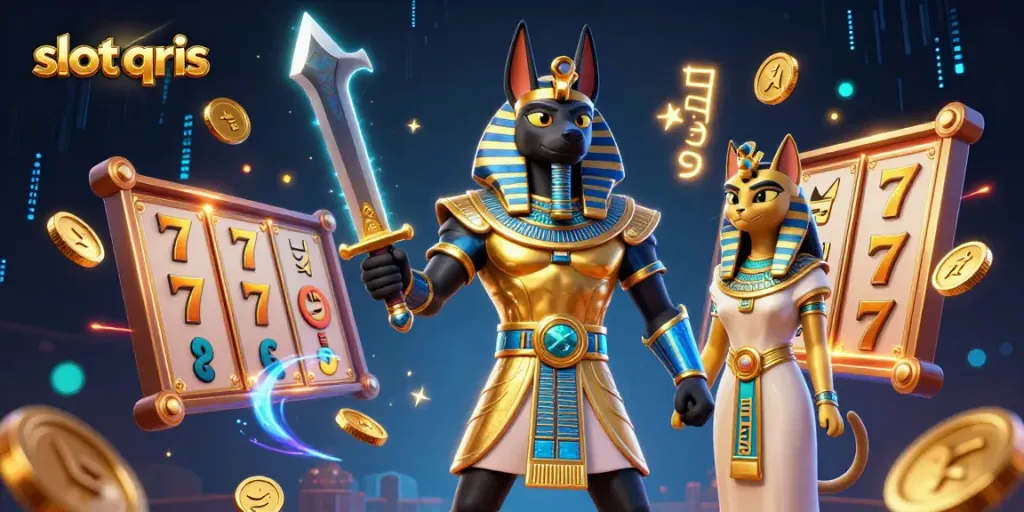 Engage with the excitement of slot qris gaming featuring Anubis and Bastet in an ultra-detailed illustration.