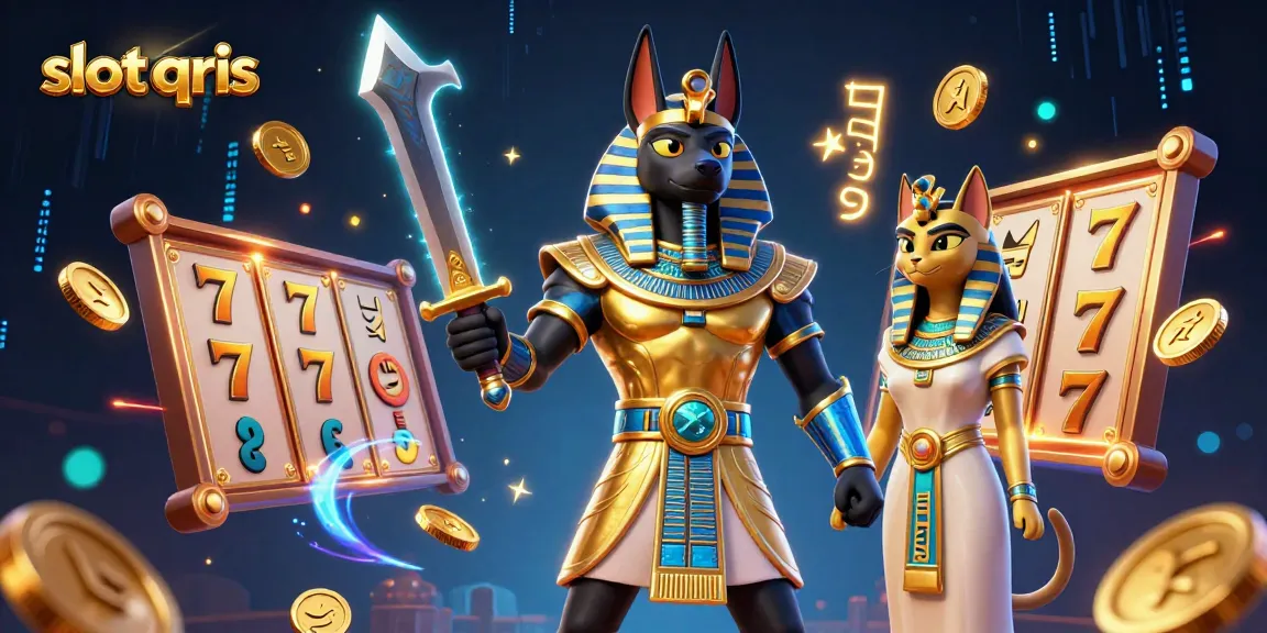 Engage with the excitement of slot qris gaming featuring Anubis and Bastet in an ultra-detailed illustration.