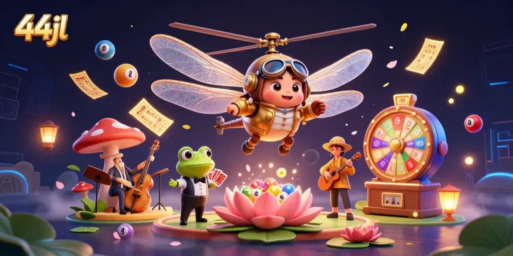 Experience the fun of 44jl as a dragonfly pilot hovers over a lively lily pad casino scene.