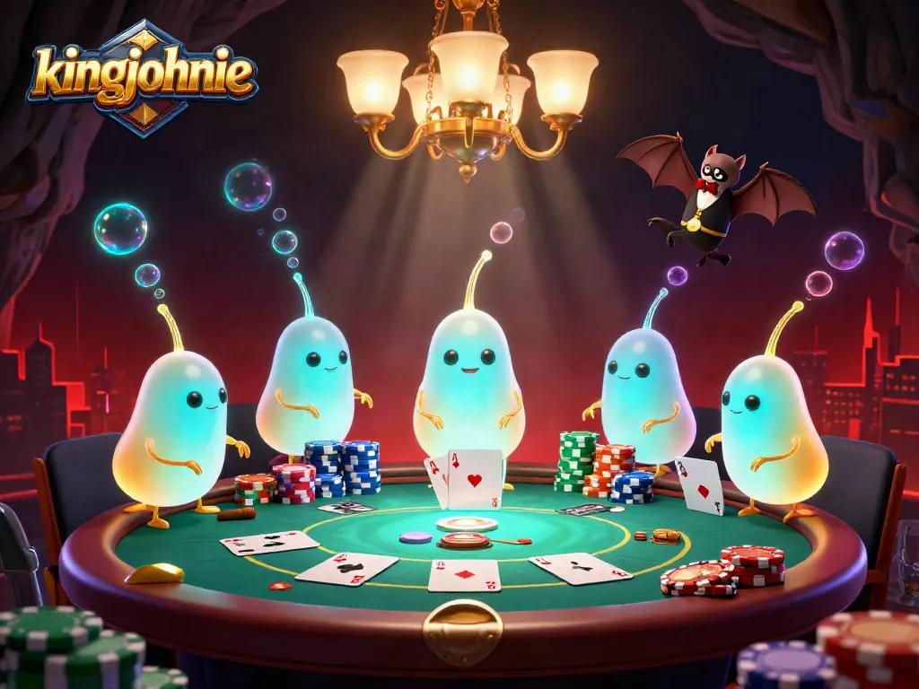 Interactive kingjohnnie casino scene featuring glowworms and poker elements in a vibrant cave setting.