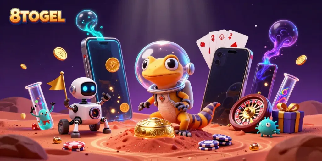 Experience 8TOGEL's adventurous gaming world with vibrant characters and enticing casino elements.