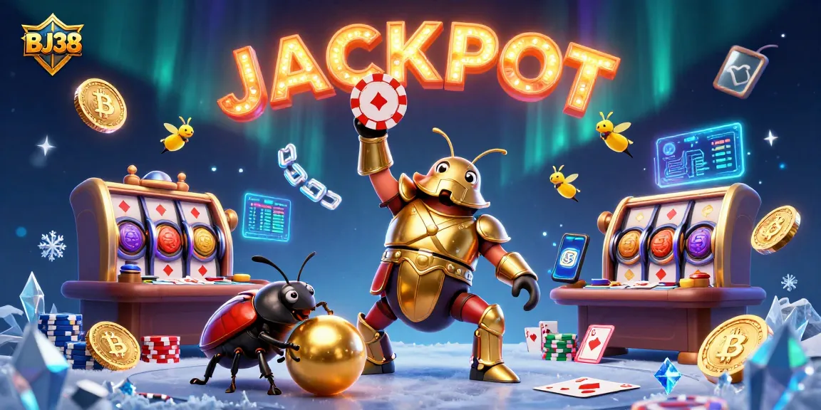 Engage with BJ38 through vibrant casino action, featuring a herculean beetle celebrating a big win.