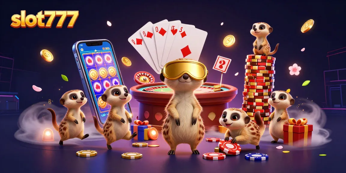 Experience thrilling wins with slot777 in this vibrant casino scene featuring meerkat characters.