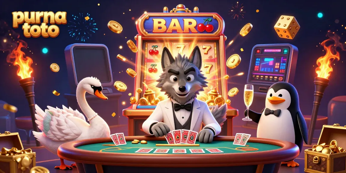 Slot online purna toto dengan karakter menarik dan simbol uang di kasino virtual.