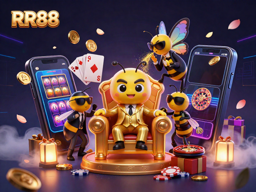Engage with RR88’s vibrant online casino scene, featuring a 3D bumblebee mob boss amidst exciting gambling elements.