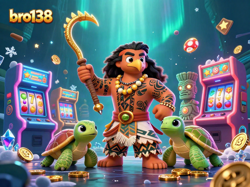 Engage with bro138, a vibrant casino scene featuring a Maui-style demigod and arcade elements.