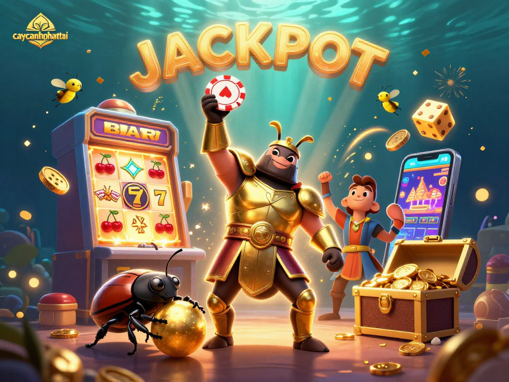 Experience the thrill of caycanhphattai as 3D characters celebrate jackpot winnings amidst dazzling casino elements.