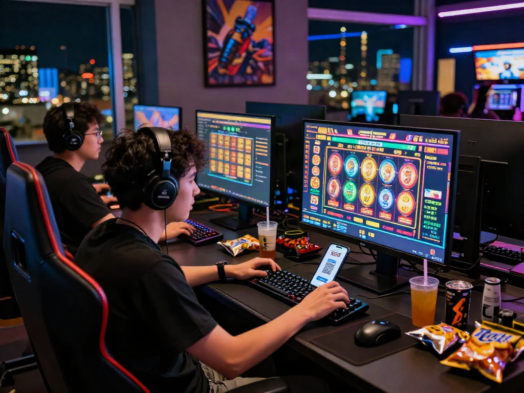 Engaged player using slot deposit qris 5k at a vibrant online gambling setup.