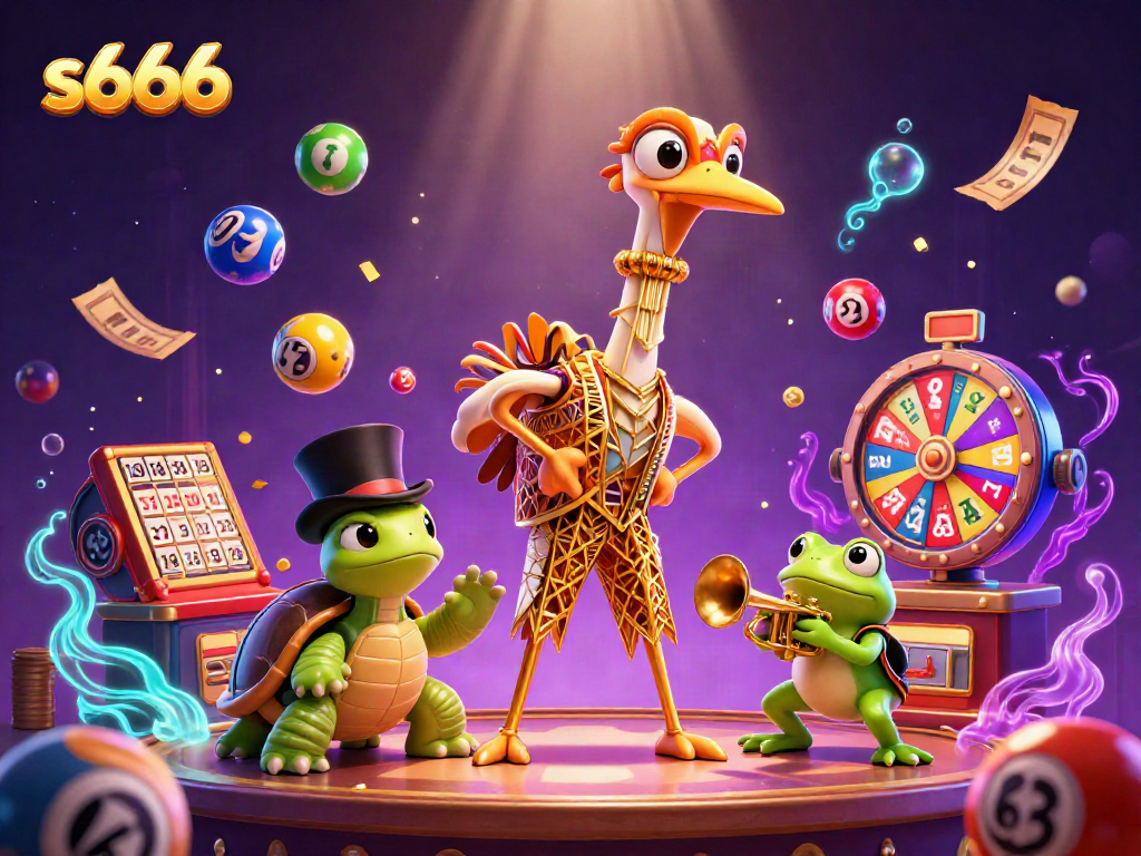 Join in the excitement of s666 at a colorful 3D casino scene filled with lottery elements.