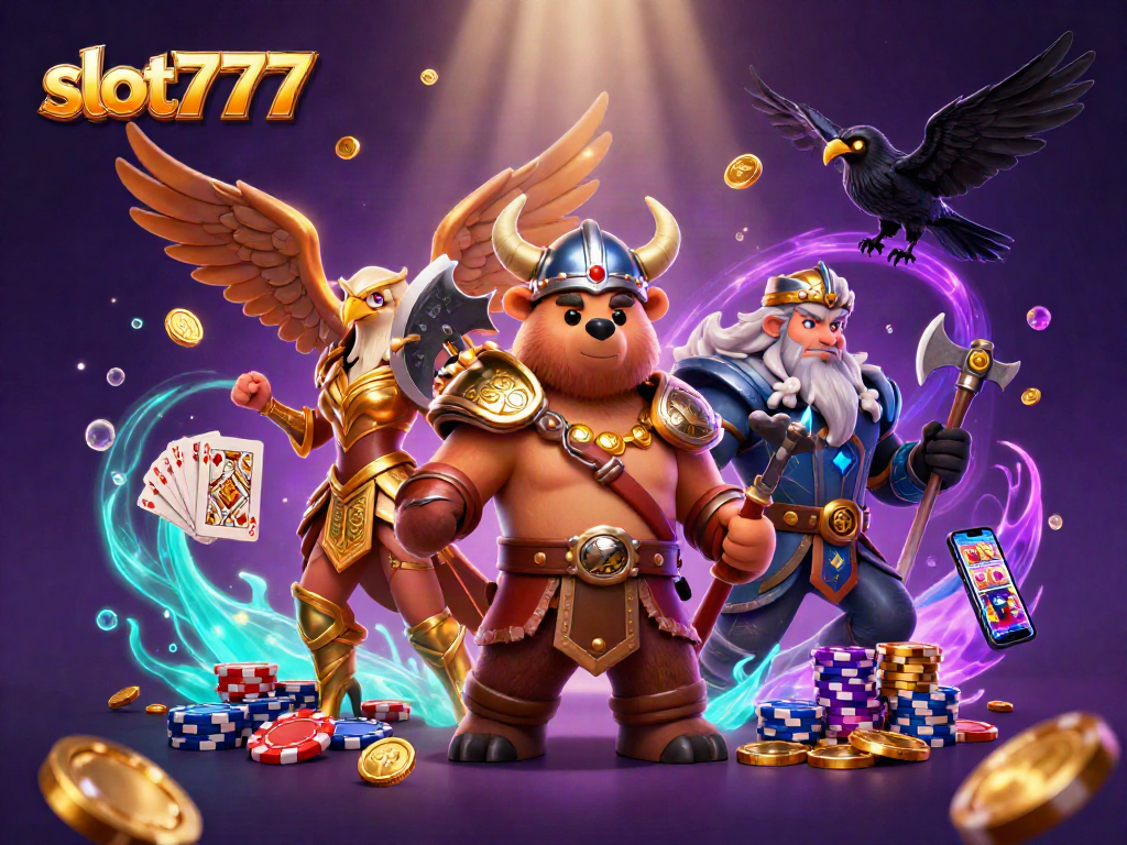 Experience slot777 excitement with dynamic Viking and eagle characters in a vibrant casino scene.