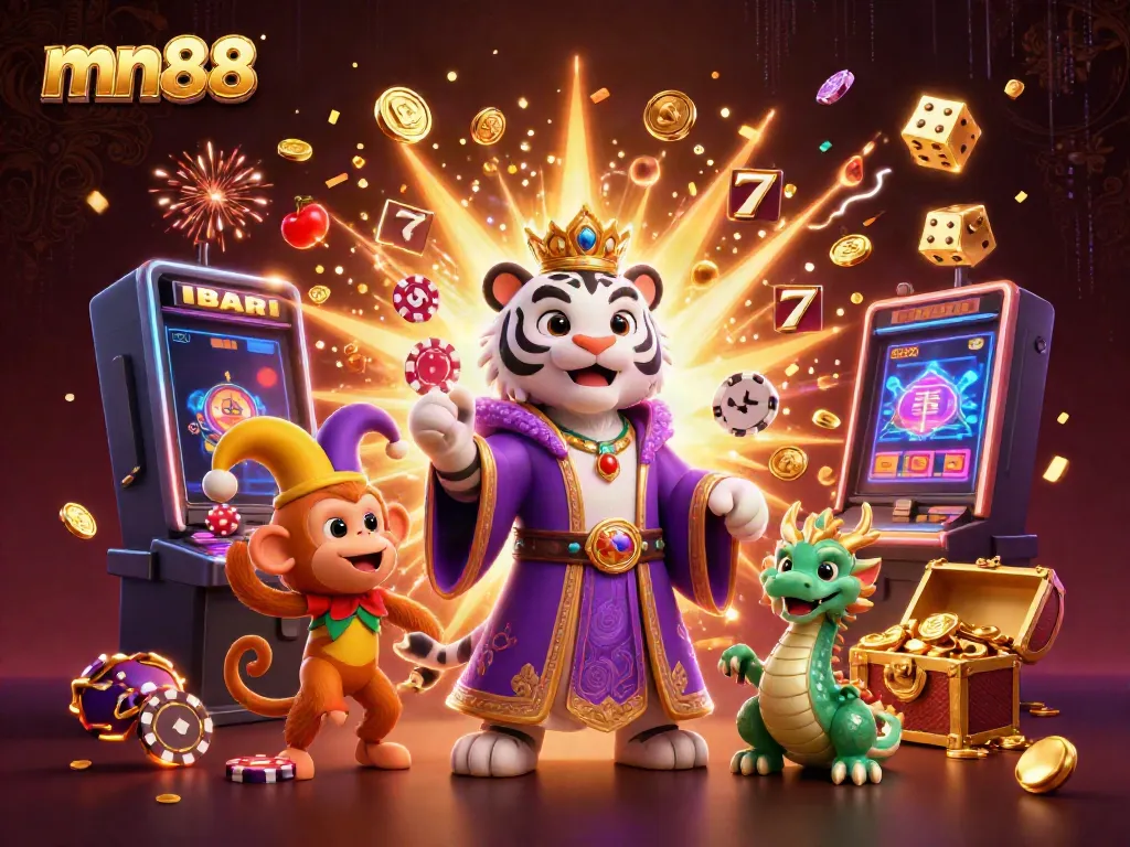 Experience the thrilling casino action with mn88 featuring a regal tiger, jester monkey, and dynamic gaming elements.