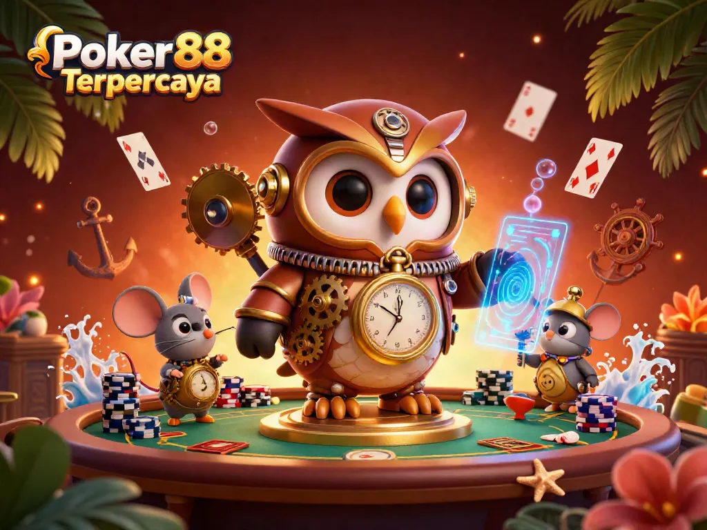 Engage with Poker88 Terpercaya at a dynamic poker table featuring 3D cartoon characters and vibrant game elements.
