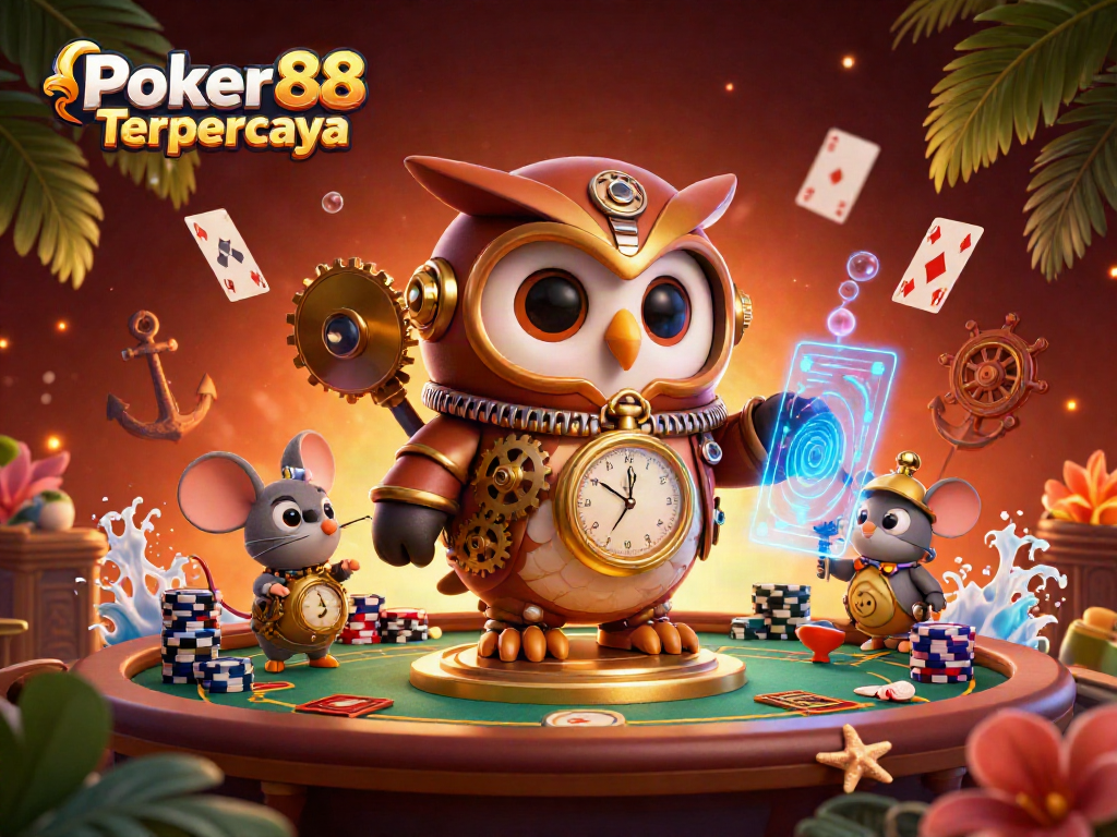 Engage with Poker88 Terpercaya at a dynamic poker table featuring 3D cartoon characters and vibrant game elements.