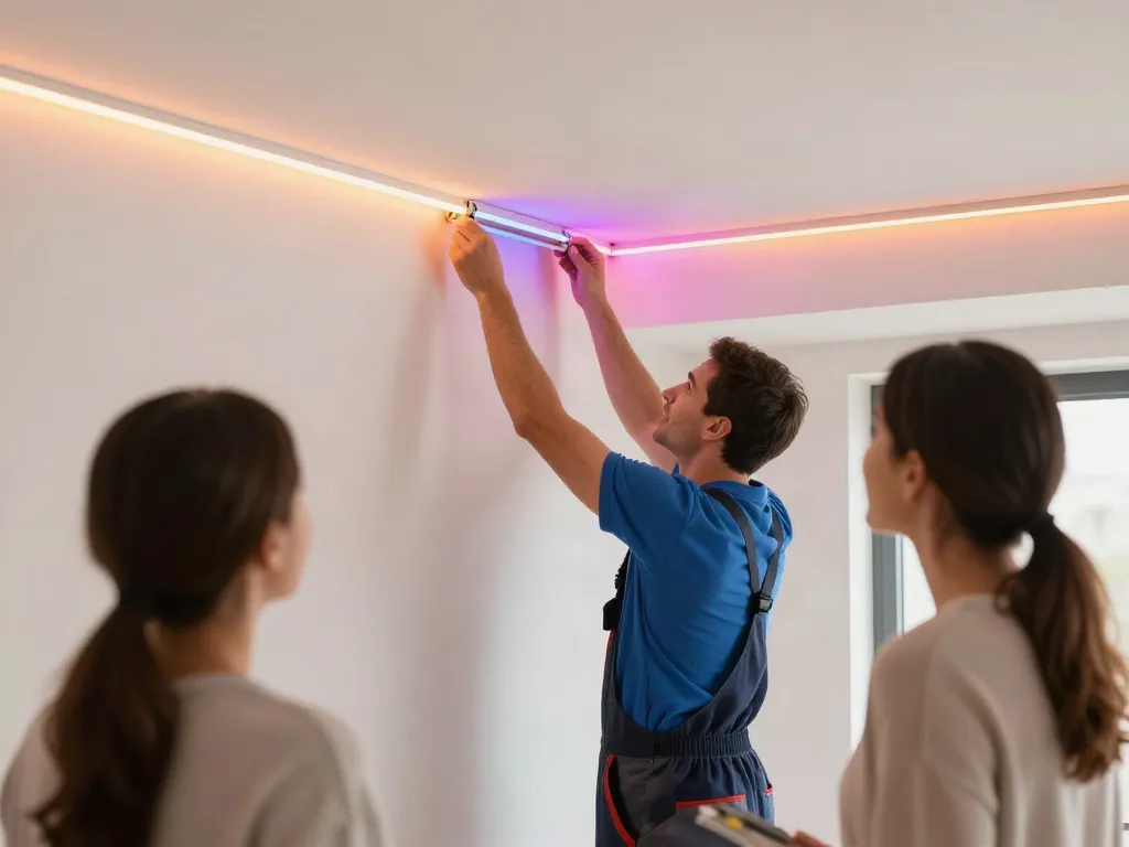 Iluminat modern cu banda LED 220V instalată de profesionist în renovarea casei - servicii de încredere.