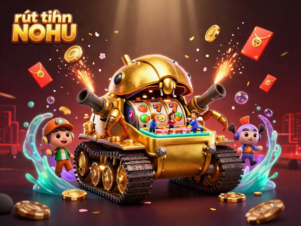 Experience rút tiền NOHU with a vibrant 3D illustration of a unique casino tank filled with lucky elements.