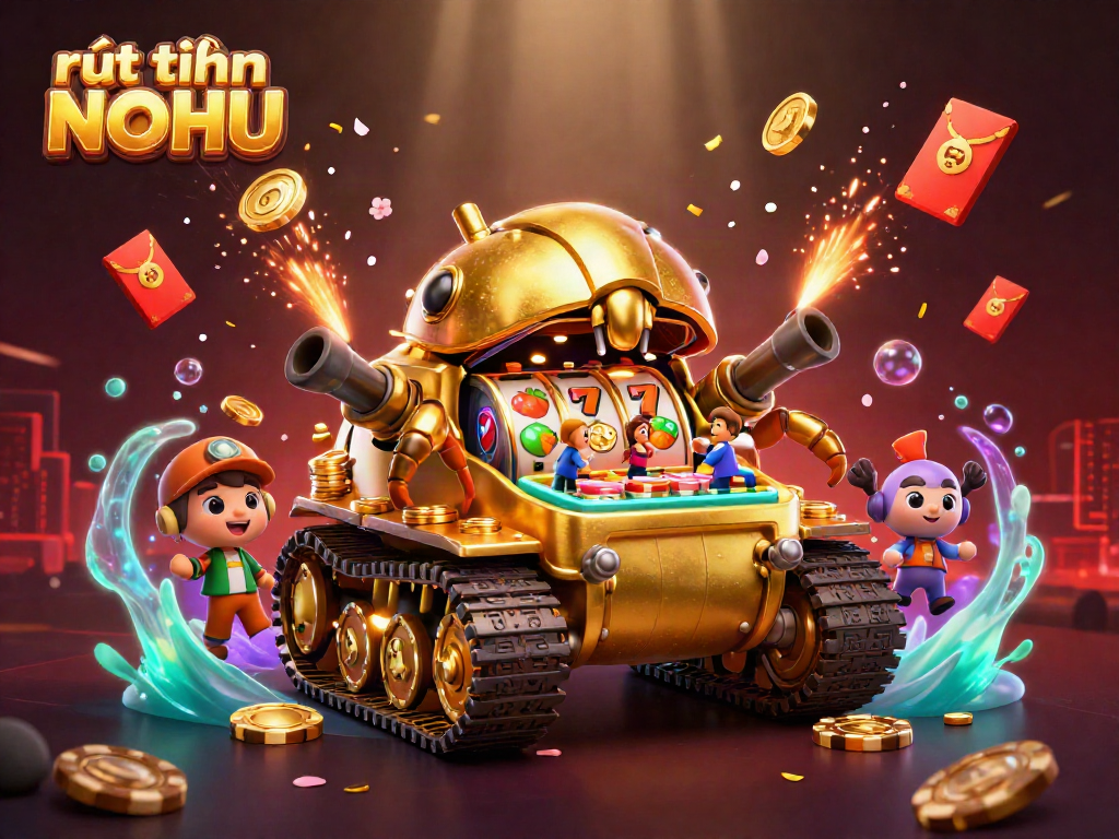 Experience rút tiền NOHU with a vibrant 3D illustration of a unique casino tank filled with lucky elements.