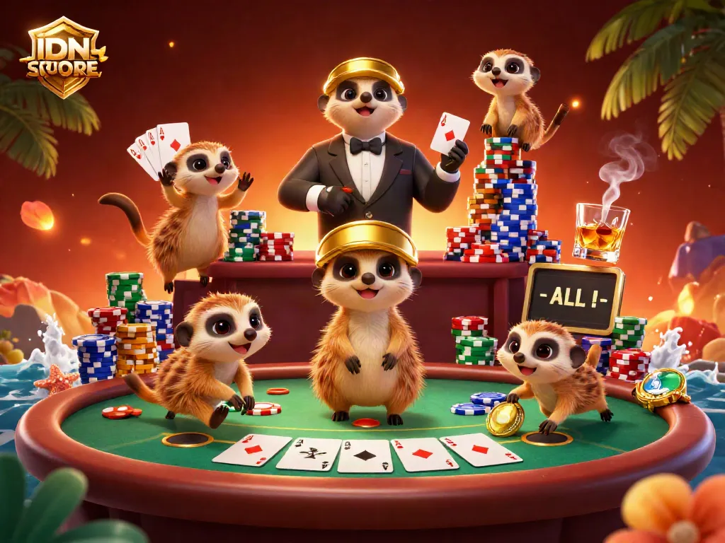 IDNSCORE meerkats manage an exciting casino environment featuring dynamic poker action.