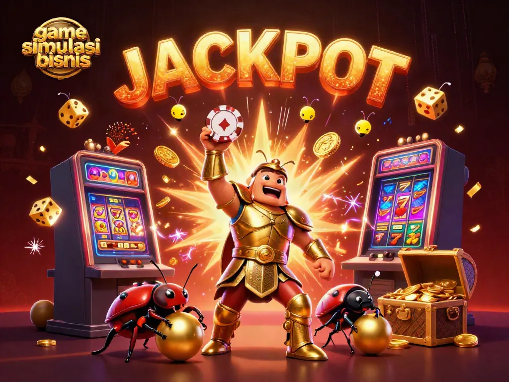 Gambar permainan game simulasi bisnis dengan karakter jangkrik 3D dan simbol slot yang berwarna-warni.