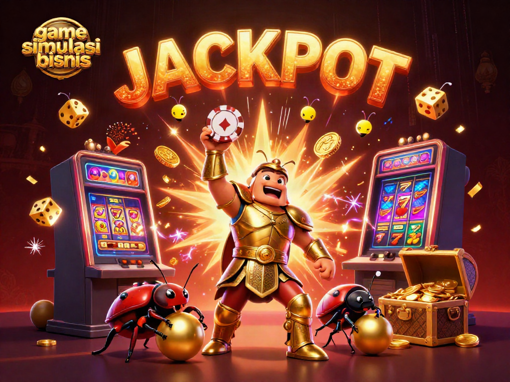 Gambar permainan game simulasi bisnis dengan karakter jangkrik 3D dan simbol slot yang berwarna-warni.