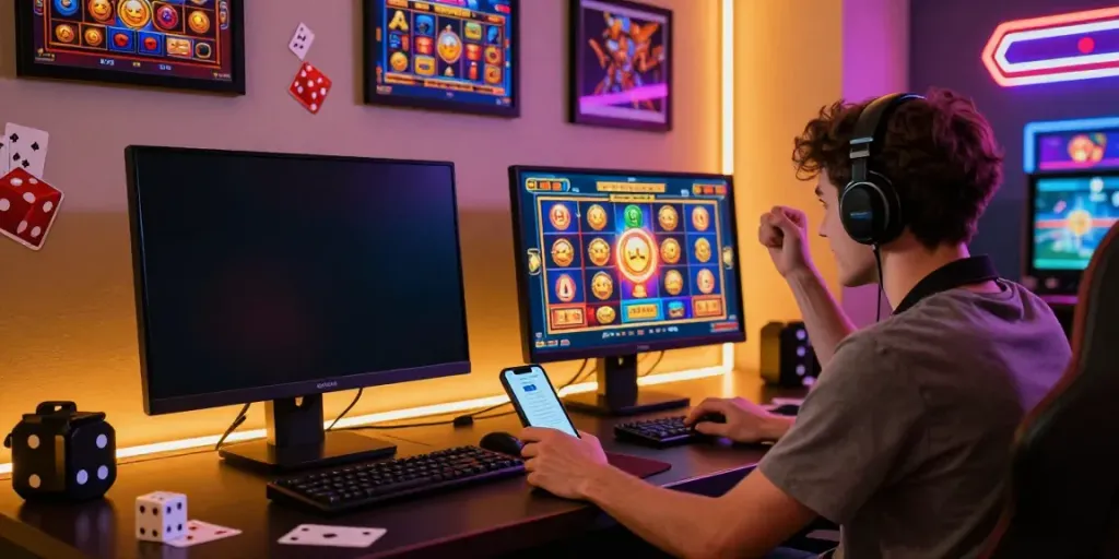 Excited player celebrating a win on a slot game with desktop and mobile devices.