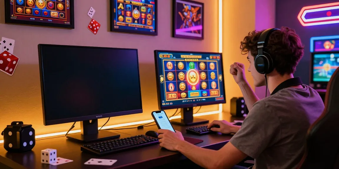 Excited player celebrating a win on a slot game with desktop and mobile devices.