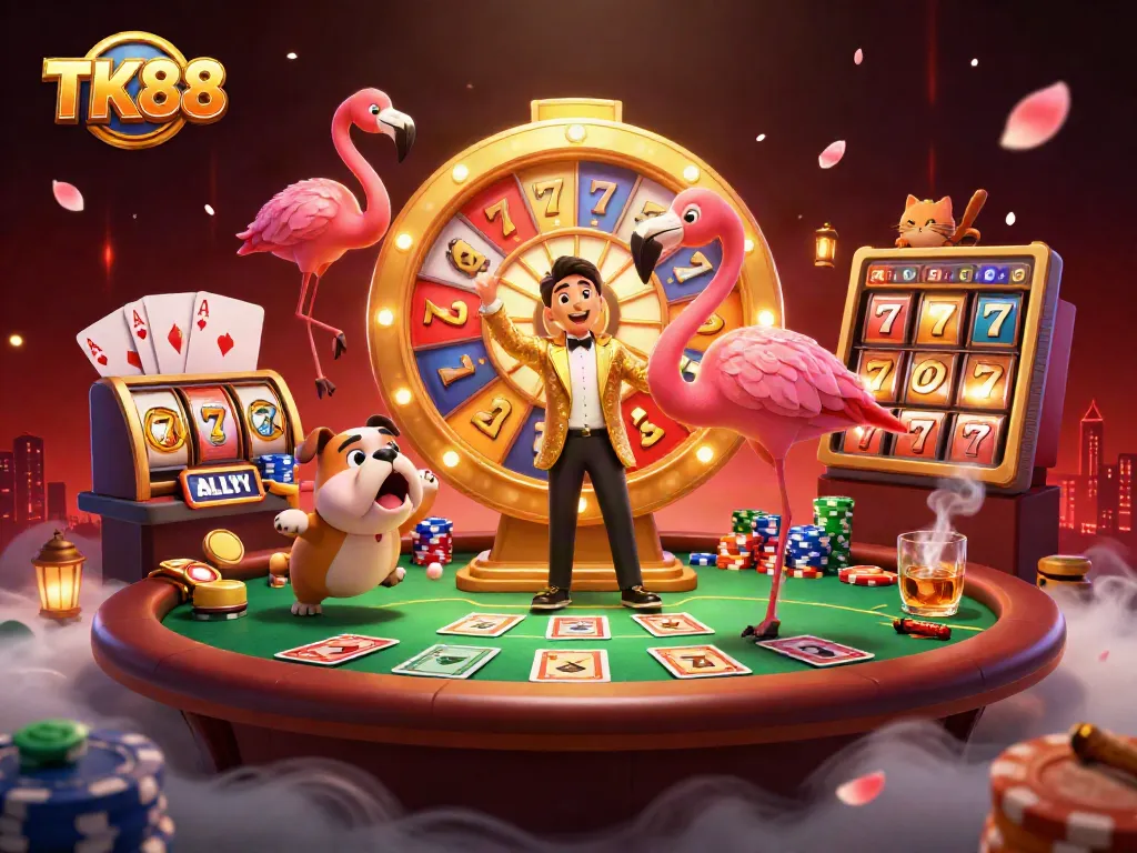 Spin the giant prize wheel at TK88 with a jubilant audience in an exciting casino scene.