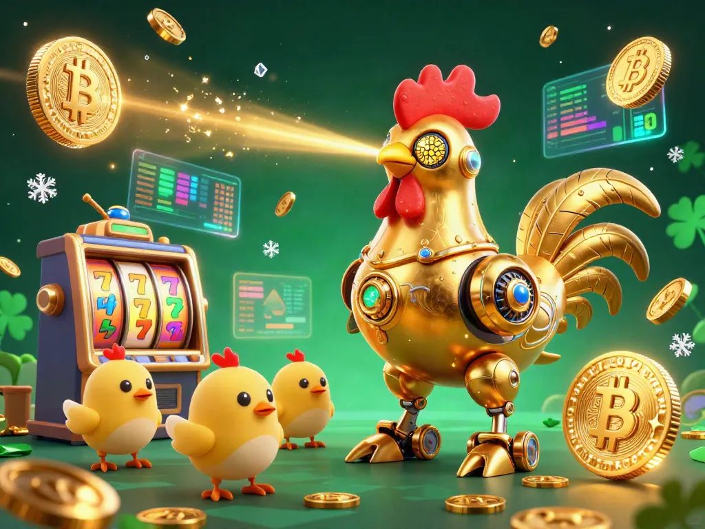 Experience thrilling gameplay with ALO 8 as the golden rooster robot and chick drones engage in vibrant slot machine action.
