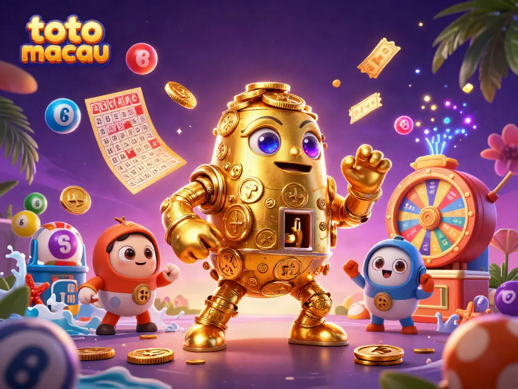 Memenangkan toto macau dengan simbol mesin slot dan golem emas, bola lotre dan efek suasana ceria.