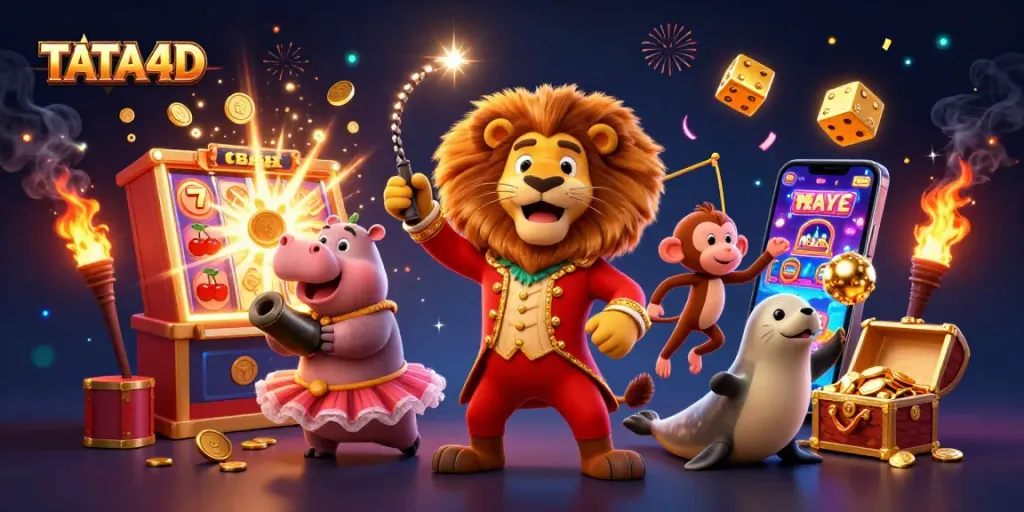 TATA4D's vibrant casino scene features a ringmaster lion with a jackpot explosion, engaging players in dynamic gaming action.