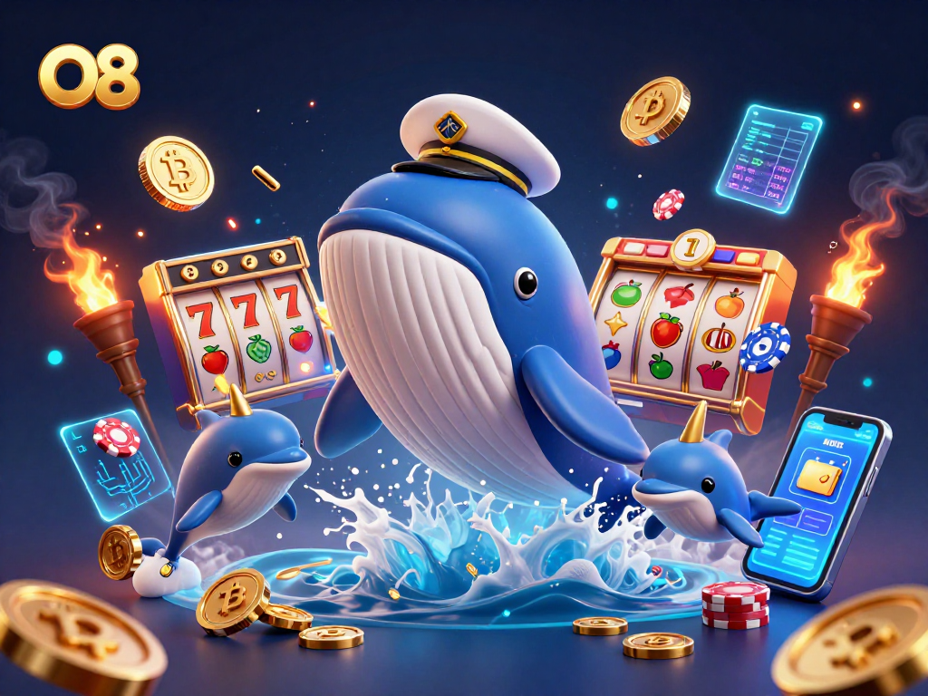 Playful dolphins and a gigantic whale embodying the spirit of O8 in a vibrant casino-themed 3D illustration.