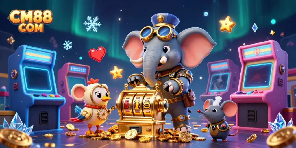 Spin the reels of CM88 COM’s golden slot machines in a vibrant casino world.